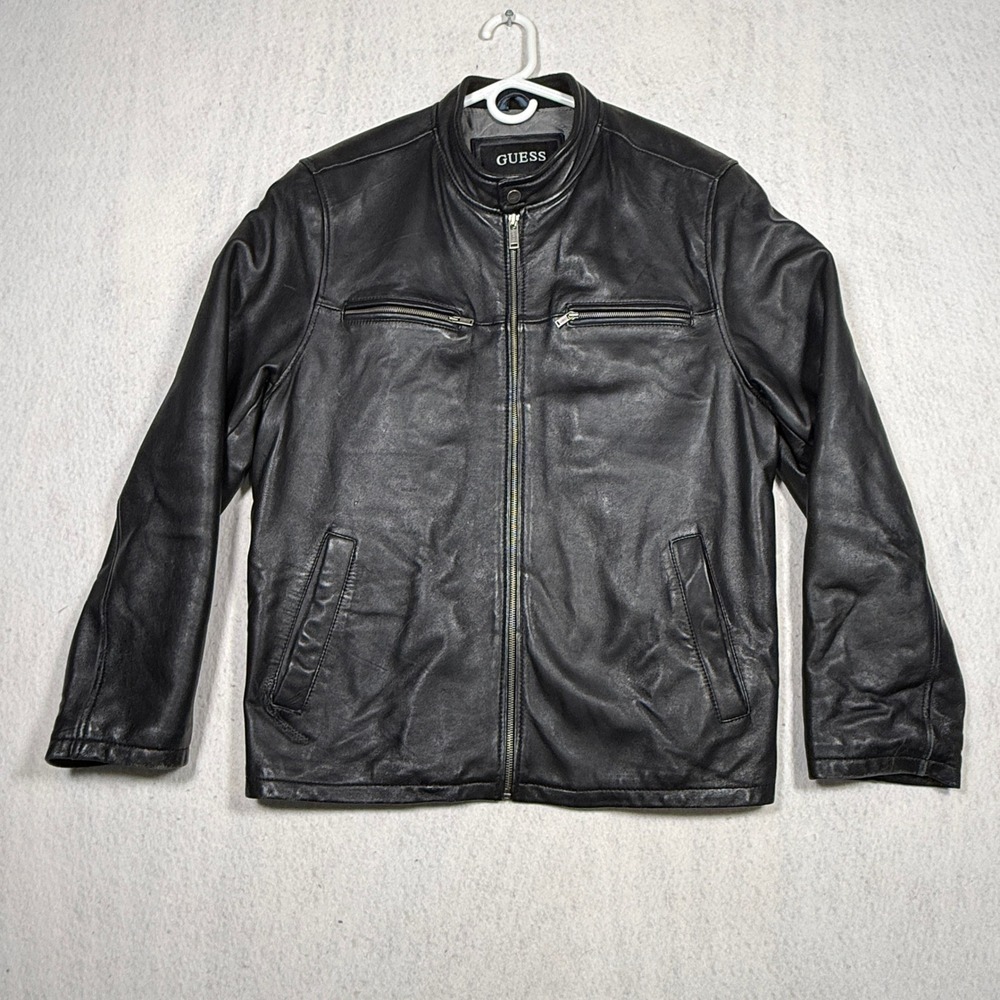 Guess Mens Black Genuine Leather Cafe Racer Moto Jacket Large Full Zip Quilted
